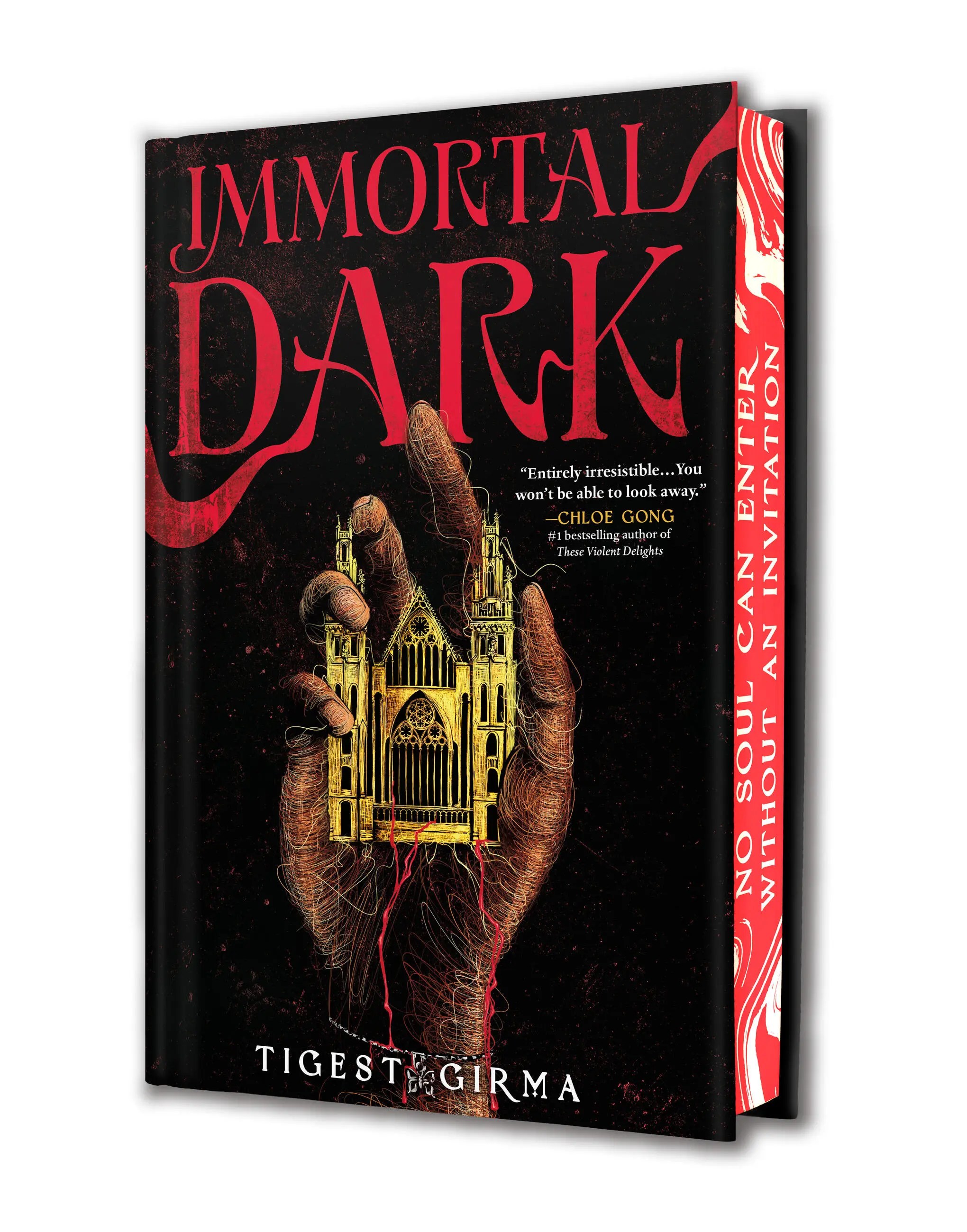 The cover of the book Immortal Dark which has a hand made of threads holding a cathedral 