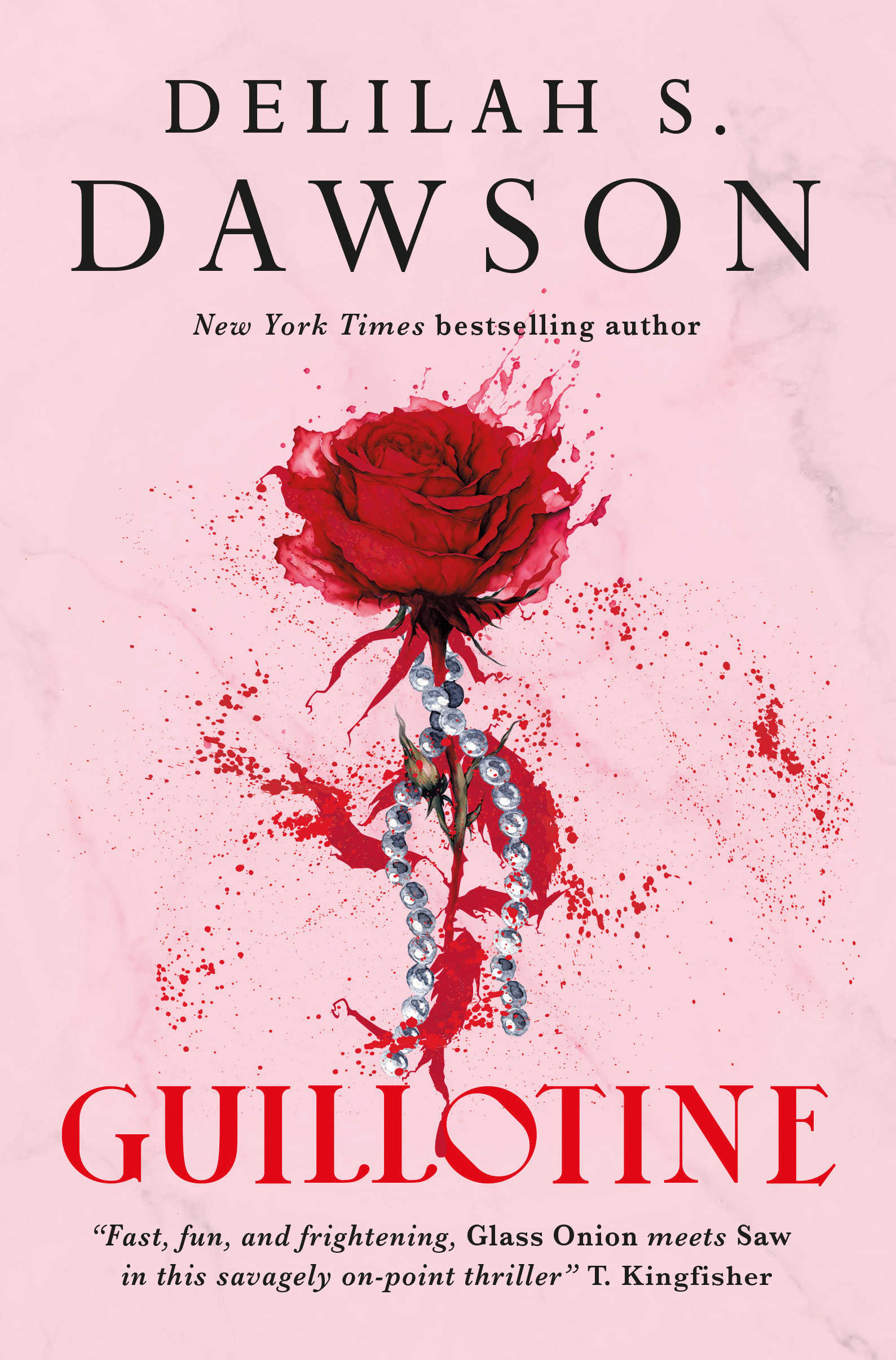 The cover of the book Guillotine with a bloody painted rose covered in pearls on a ping background