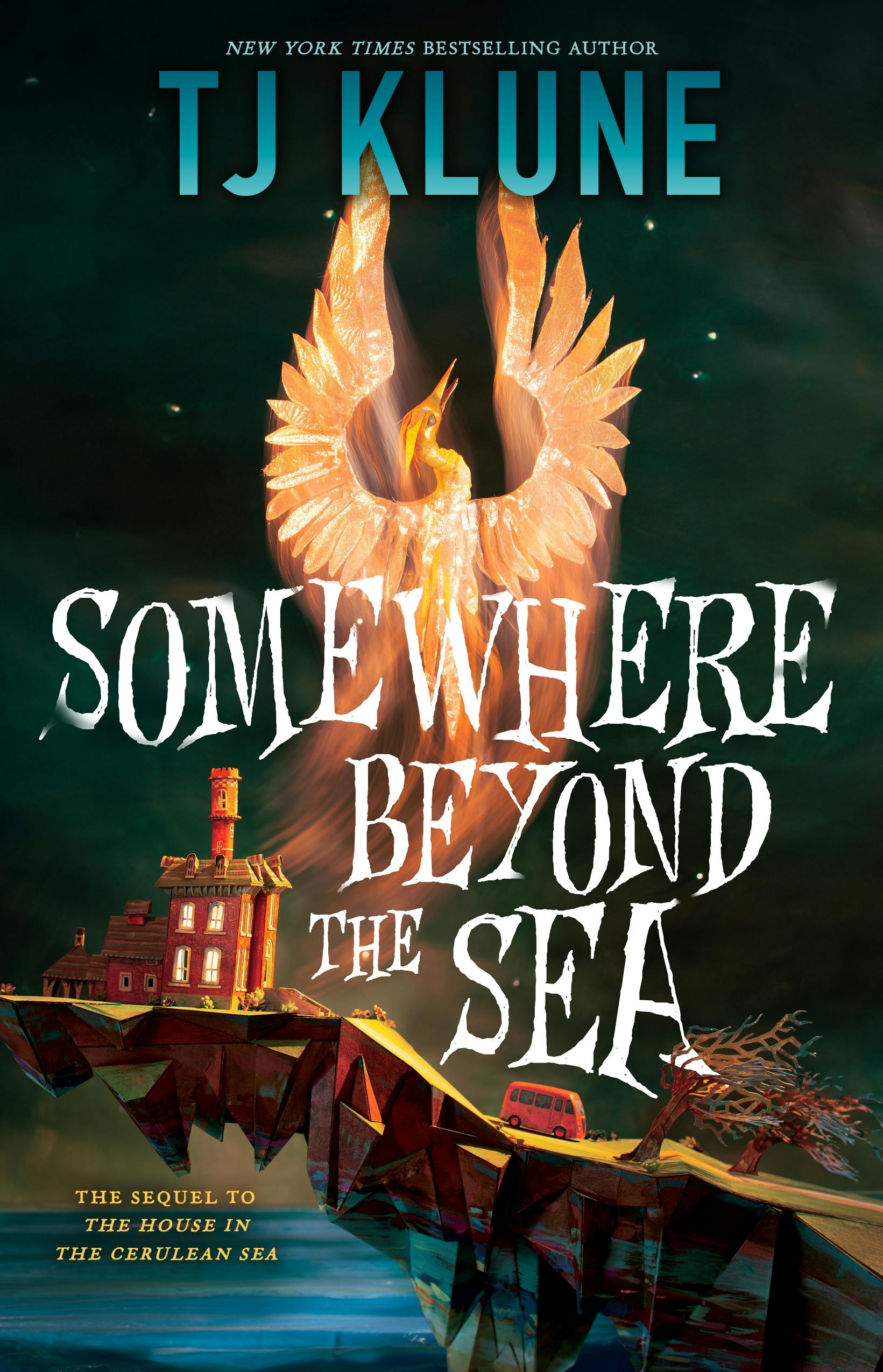 The cover of the book Somewhere Beyond the Sea which features a house on a cliff with a giant flaming phoenix above it