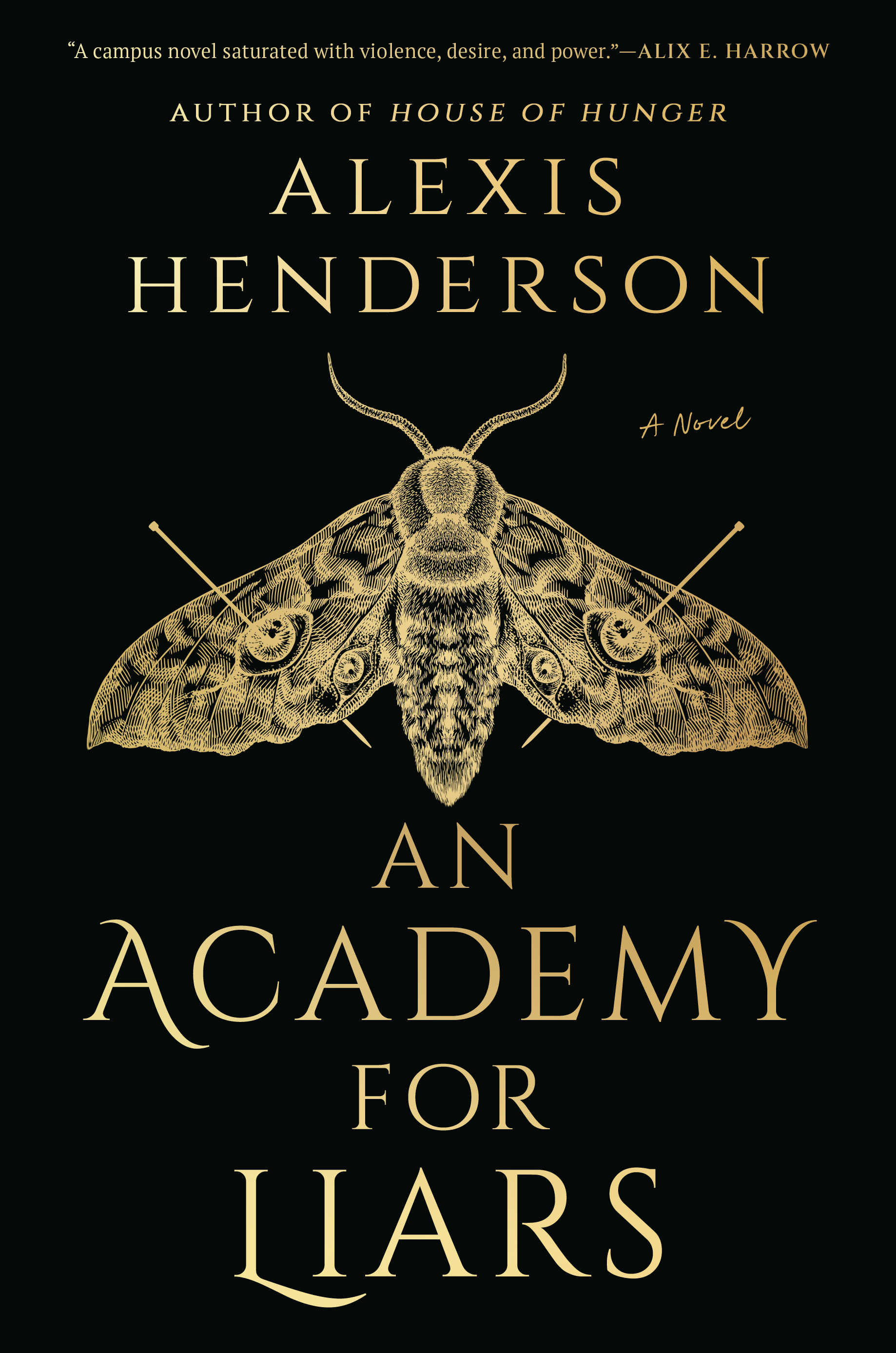 The cover of the book An Academy for LIars, which shows a moth that’s been pinned against a black background