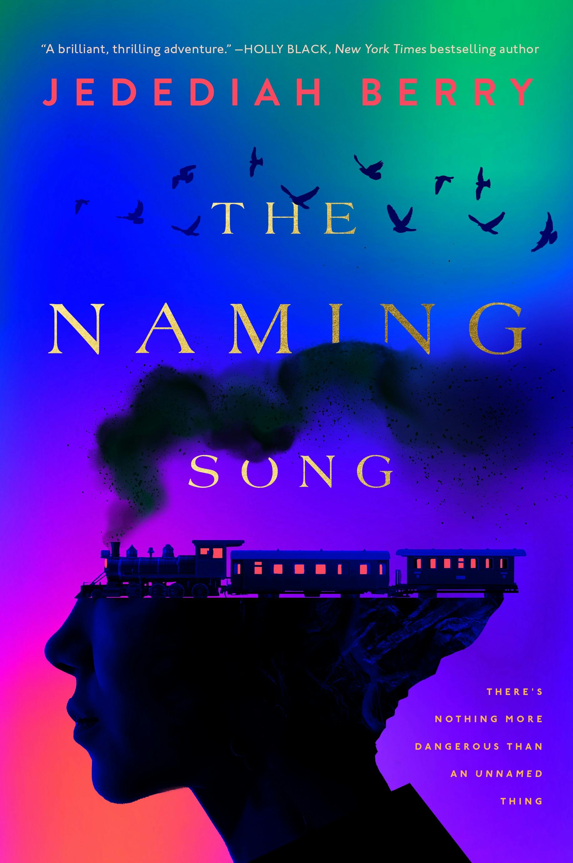 The cover of The Naming Song, which features a person’s head but the top half is replace by a train with 3 cars 