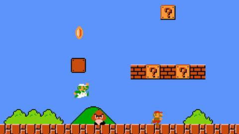 A screenshot of the Super Mario Bros. Two Players Hack showing Mario and Luigi playing together in the original 1-1 level