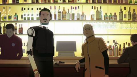 An robot with a holographic head and a woman in a yellow coat standing by a bar in Mars Express.