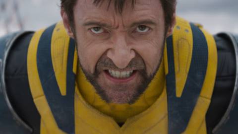 Hugh Jackman as Wolverine snarls into the camera in closeup in Deadpool &amp; Wolverine