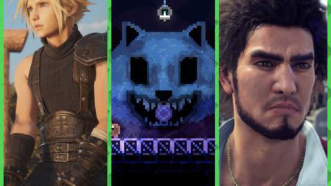 Cloud from Final Fantasy 7 Rebirth, a grinning cat pixelated cat head from Animal Well, and Ichiban from Like a Dragon: Infinite Wealth