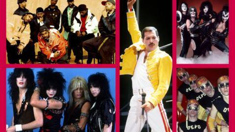 A collage featuring photos of music groups Wu-Tang Clan, Motley Crue, Devo, and Kiss, and Queen’s Freddie Mercury