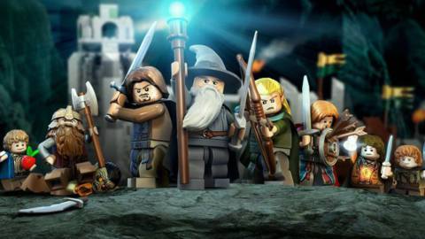 A hero image of the main characters from the Lego Lord of the Rings game