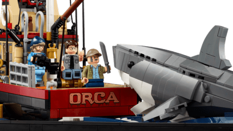 Close-up of Lego Jaws set where the shark makes its move on the not-big-enough boat