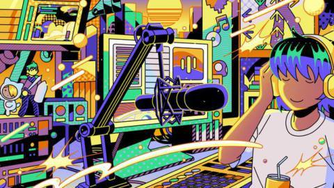 An original illustration shows a radio DJ in front of a microphone in a video game-themed radio station.