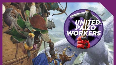 A huge white bird is flying toward a flying ship. There’s a United Paizo Workers logo overlaid over top the bird’s head.
