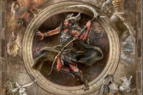 A devil wielding a scythe, depicted in 2D as though it were painted as a fresco on the interior of a dome.