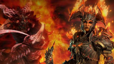 A hero in Diablo 4 poses in flaming armor in front of a demon