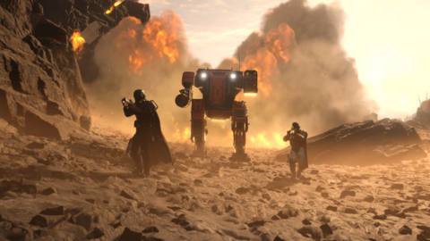 Two Helldivers and an Exosuit on a barren planet with flames in the distance