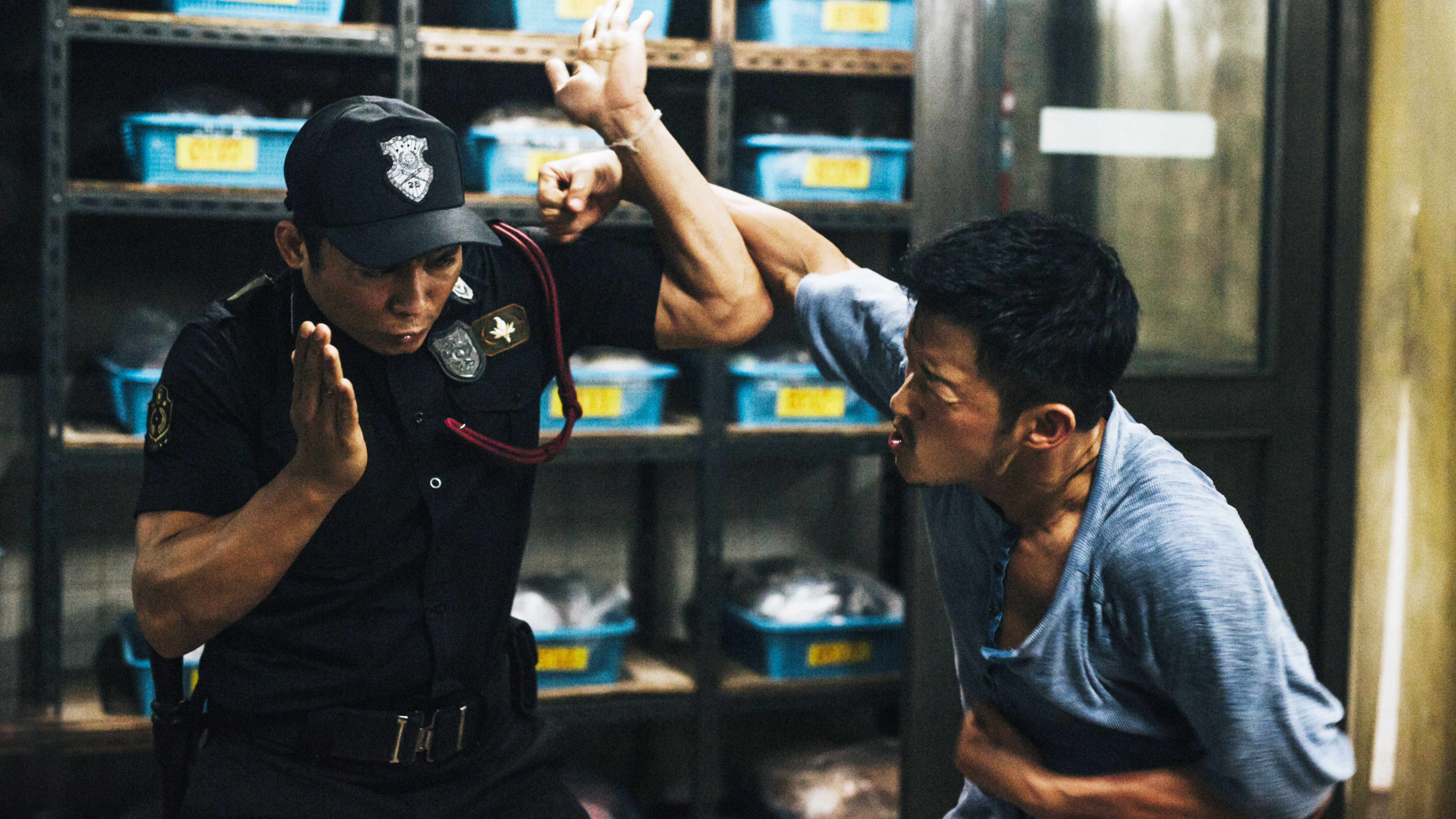 Two men stand in a garage fighting each other. One is wearing a police uniform and blocking a punch from the other who is wearing a blue shirt in SPL 2: A Time for Consequences, aka Kill Zone 2Two men stand in a garage fighting each other. One is wearing a police uniform and blocking a punch from the other who is wearing a blue shirt in SPL 2: A Time for Consequences, aka Kill Zone 2