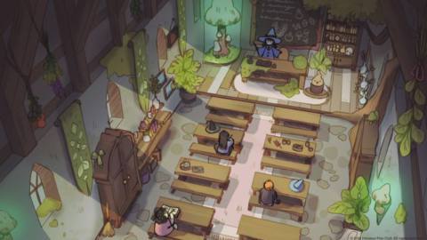 Concept art from Magic School, which shows a dimly lit classroom for magic students. A few students sit at wooden desks.