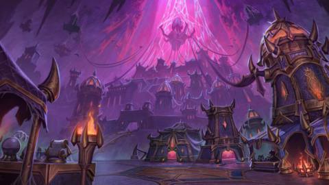 Artwork depicting the spider kingdom of Azj-Kahet, showing mysterious structures bathed in ominous purple light.