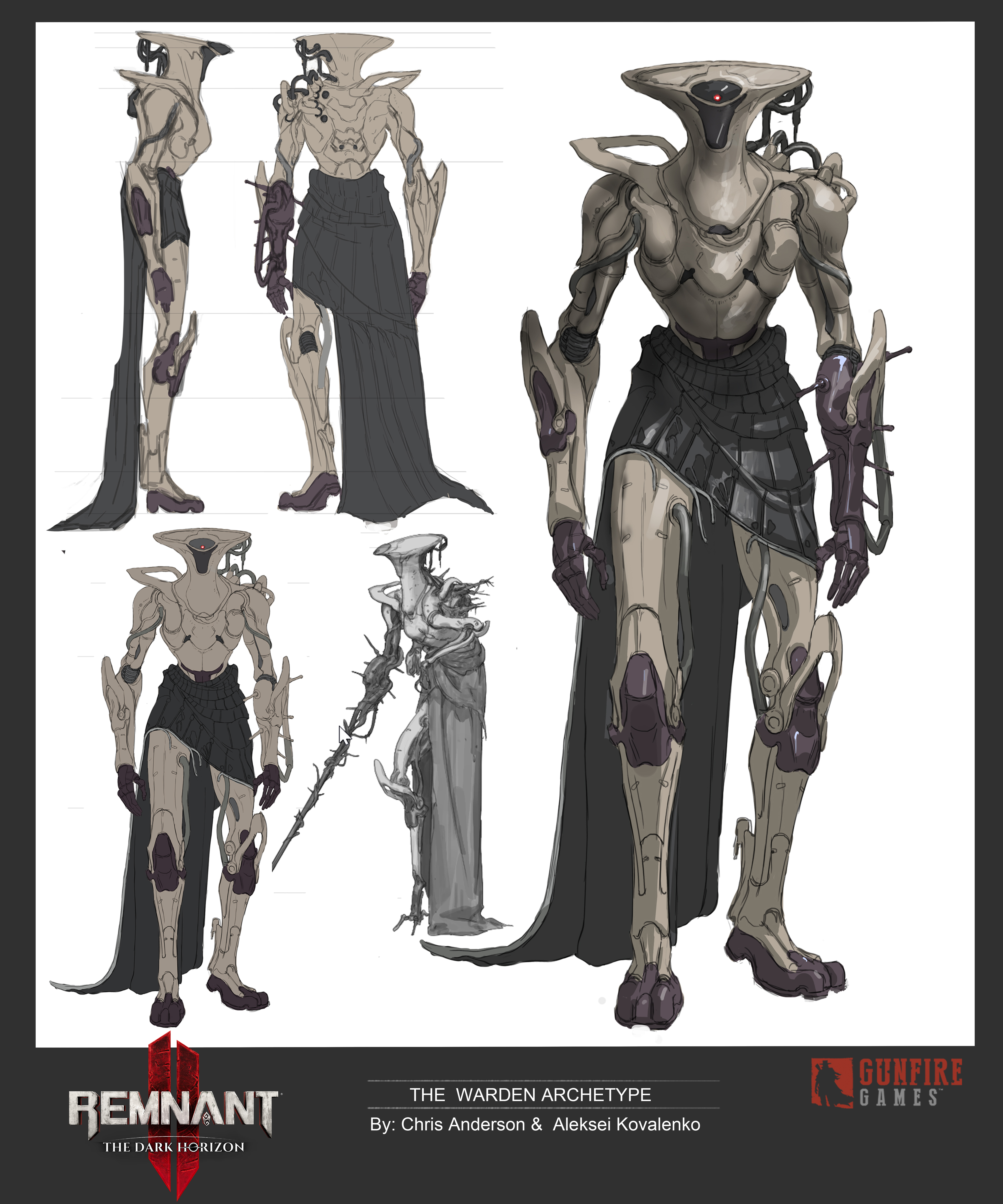 Various concept art of different class models in Remnant 2, showcasing wanderers garbed in various pieces of ramshackle, technological armour.