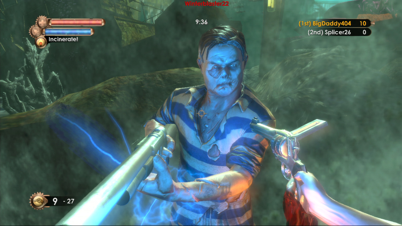 A close-range confrontation with another player in BioShock 2's multiplayer.