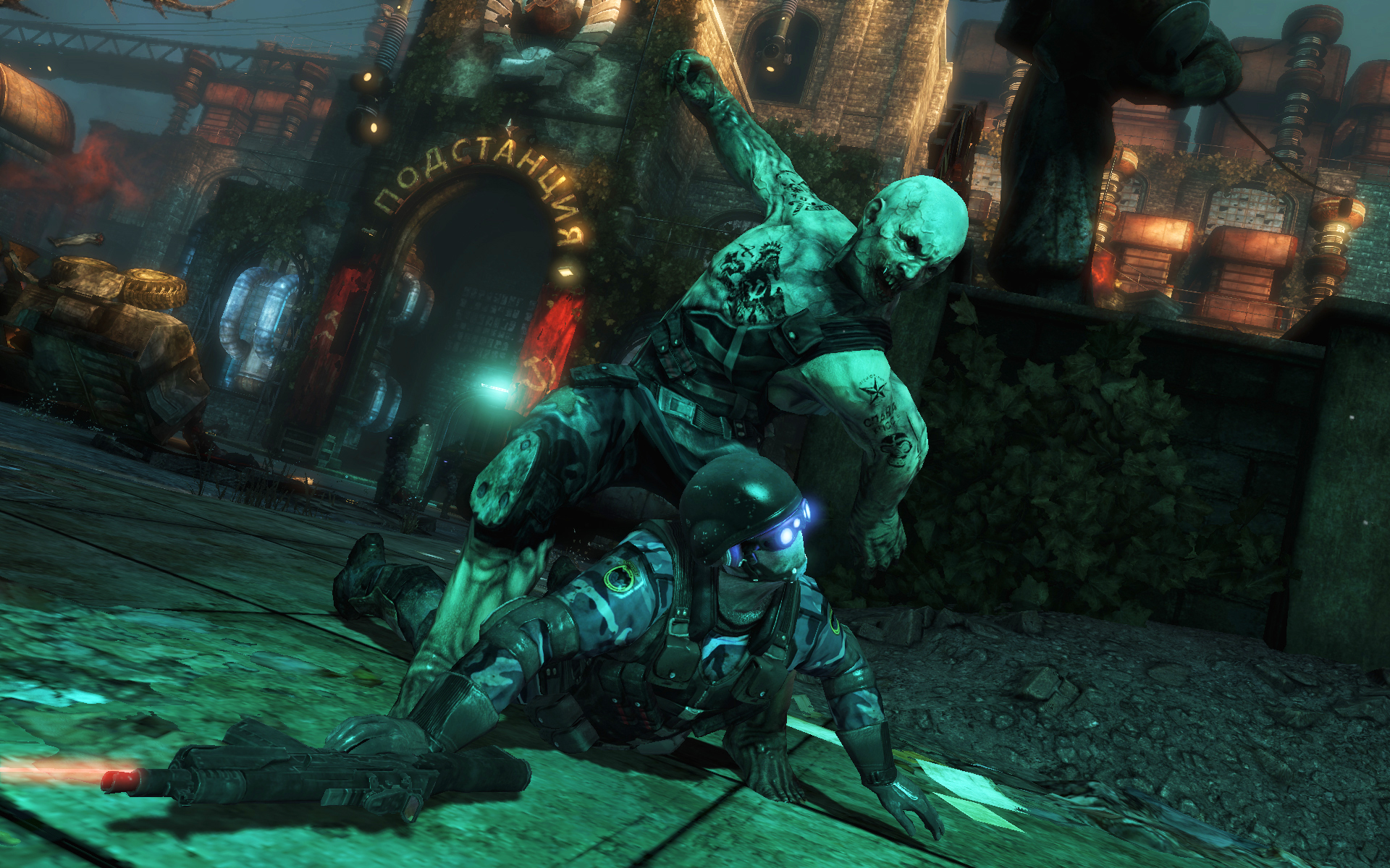 A Zek killing a soldier in Singularity's multiplayer mode.