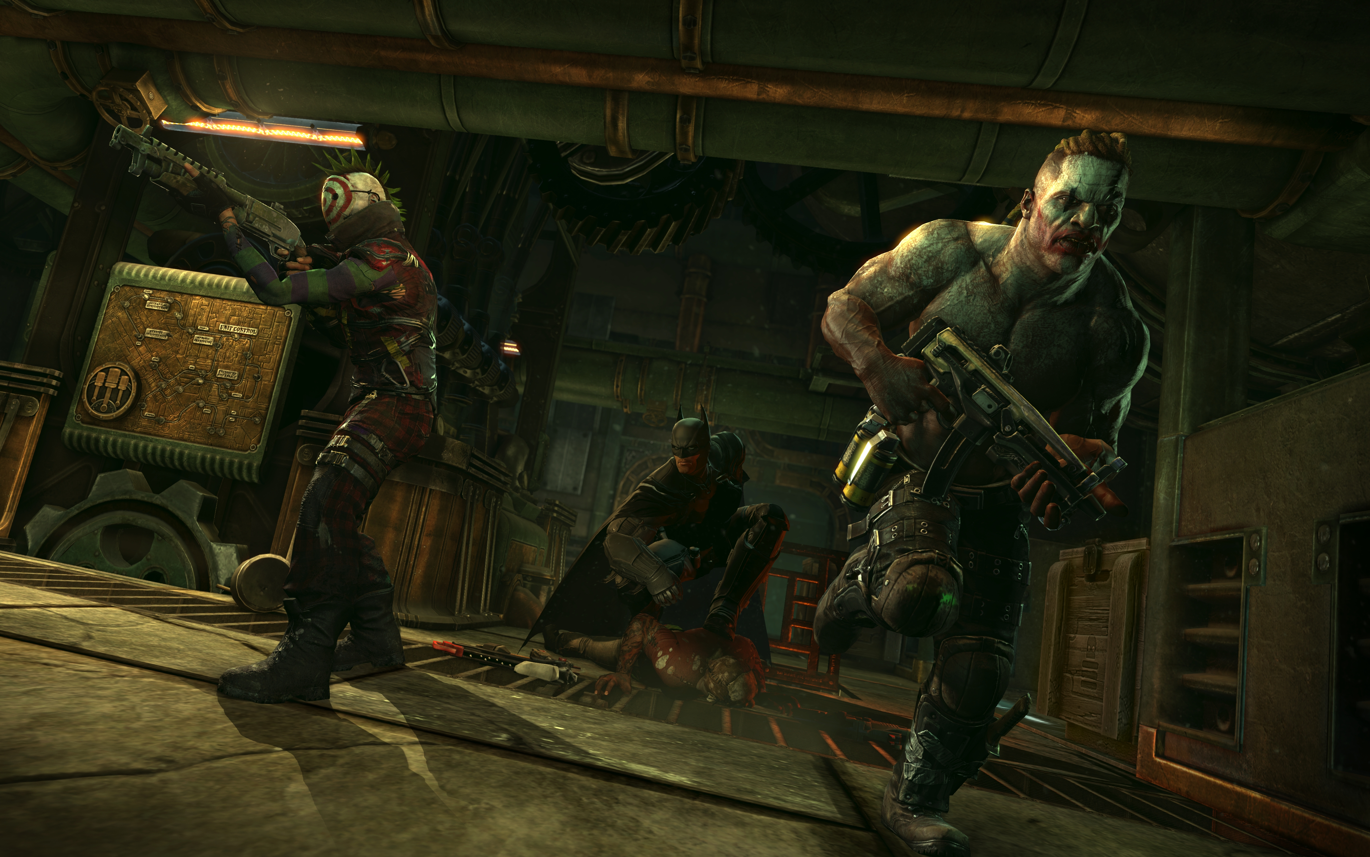 Two criminal henchmen being pursued by Batman in Batman: Arkham Origins' multiplayer mode.