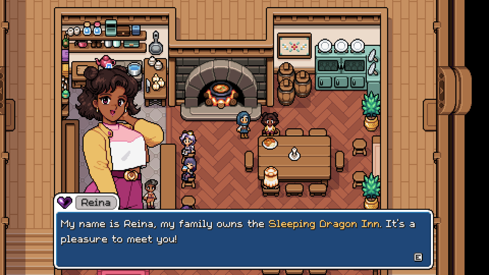 A young Black woman named Reina welcomes you to the Sleeping Dragon Inn in Fields of Mistria A young Black woman named Reina welcomes you to the Sleeping Dragon Inn in Fields of Mistria