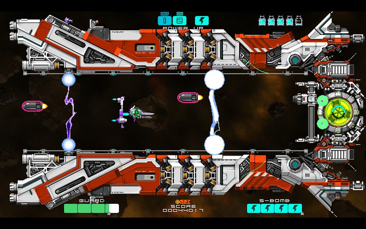 A tiny ship somehow fights a much, much, much larger spacecraft in Drainus. A tiny ship somehow fights a much, much, much larger spacecraft in Drainus.