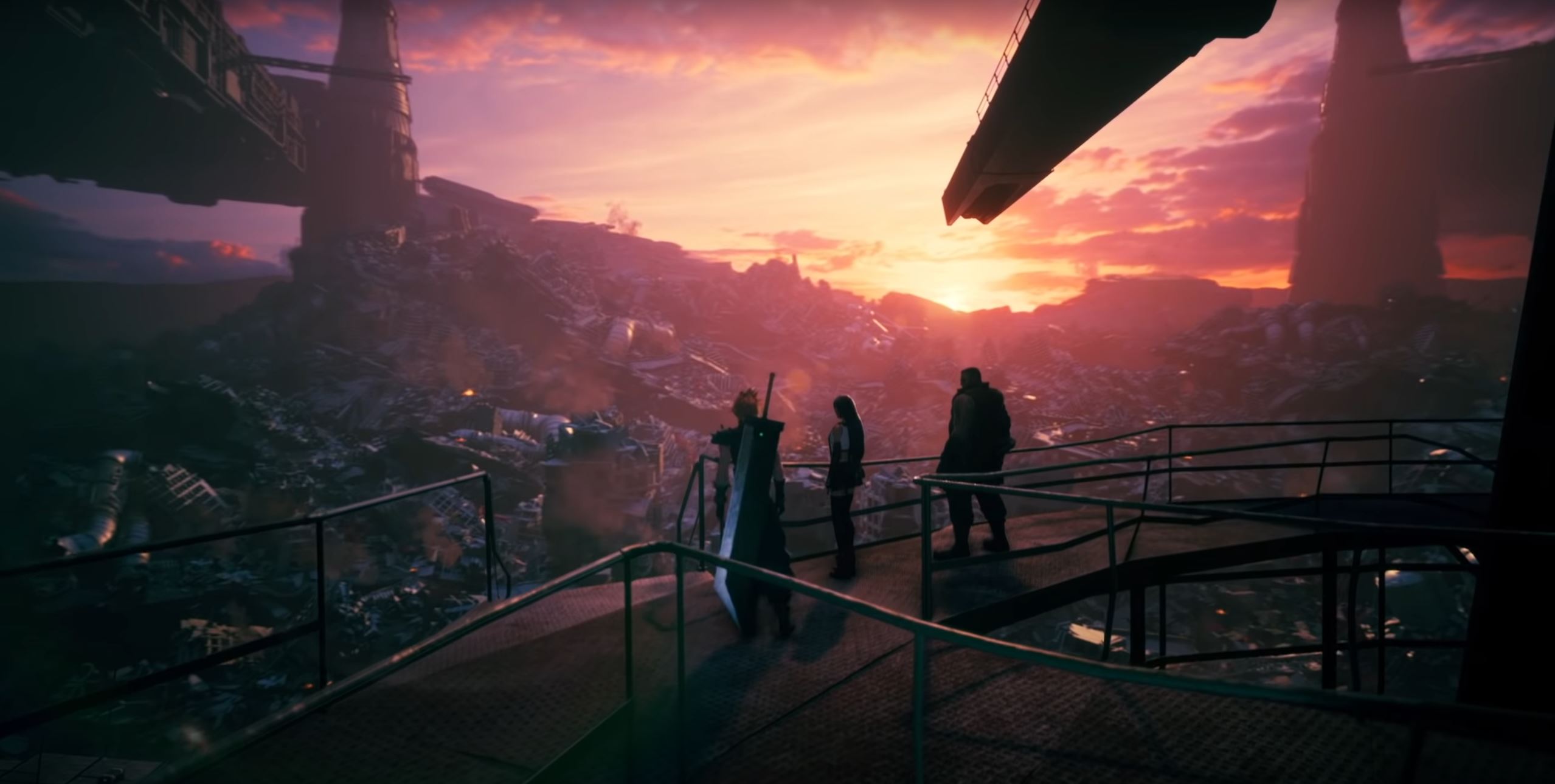Cloud, Tifa, and Barret stand together on a balcony, looking out at a sunset in Final Fantasy 7 Remake Cloud, Tifa, and Barret stand together on a balcony, looking out at a sunset in Final Fantasy 7 Remake