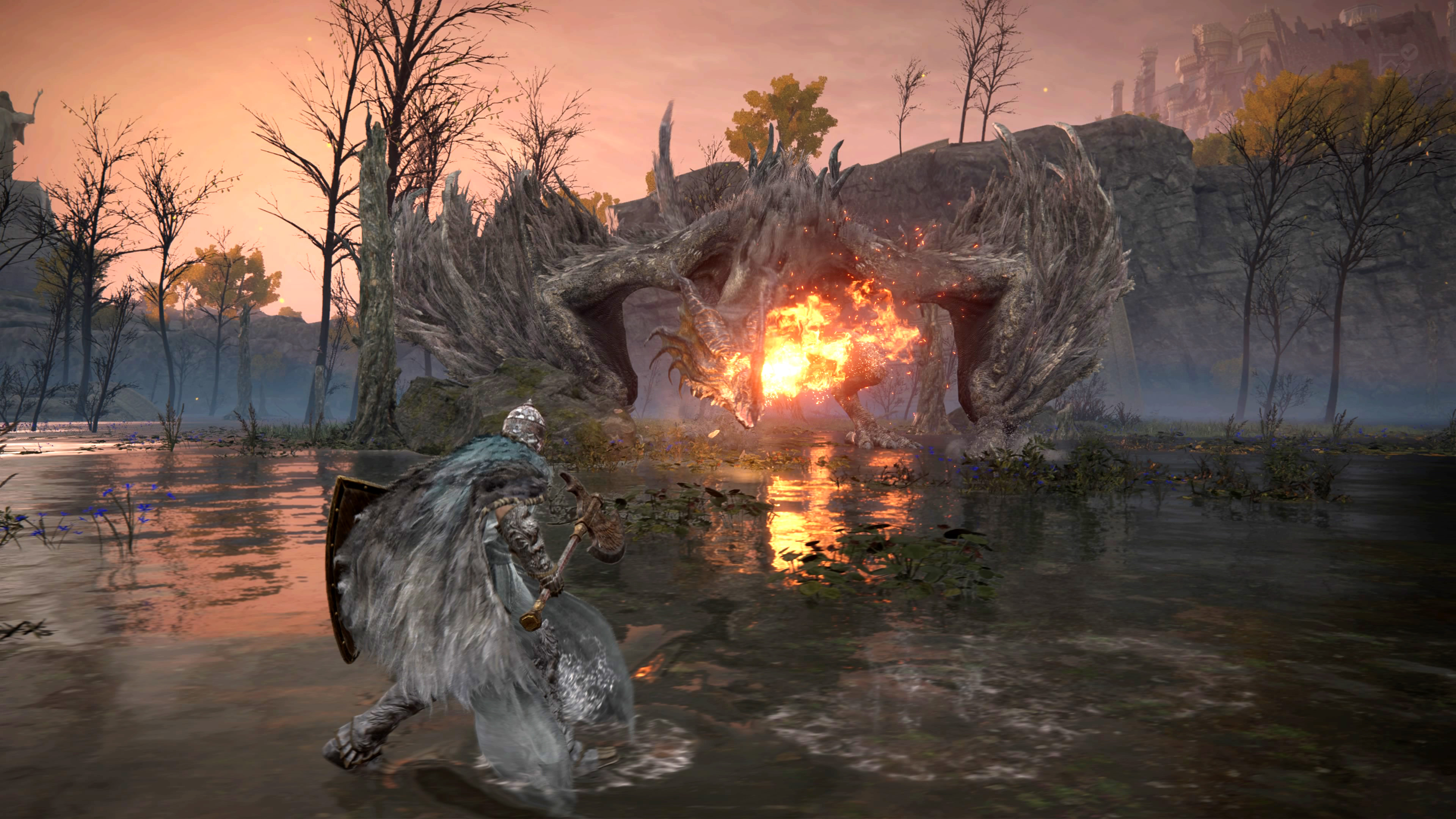 A Tarnished fights Flying Dragon Agheel at Agheel Lake in Elden Ring A Tarnished fights Flying Dragon Agheel at Agheel Lake in Elden Ring