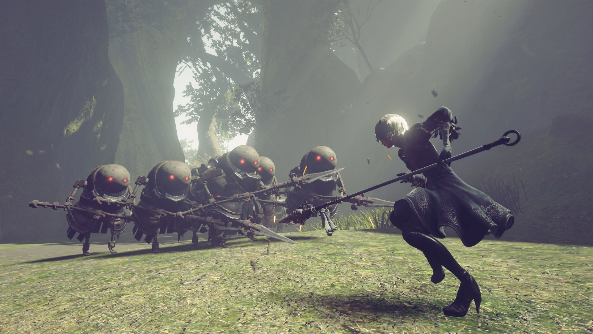 2B facing off against a squad of enemy machines in Nier: Automata 2B facing off against a squad of enemy machines in Nier: Automata