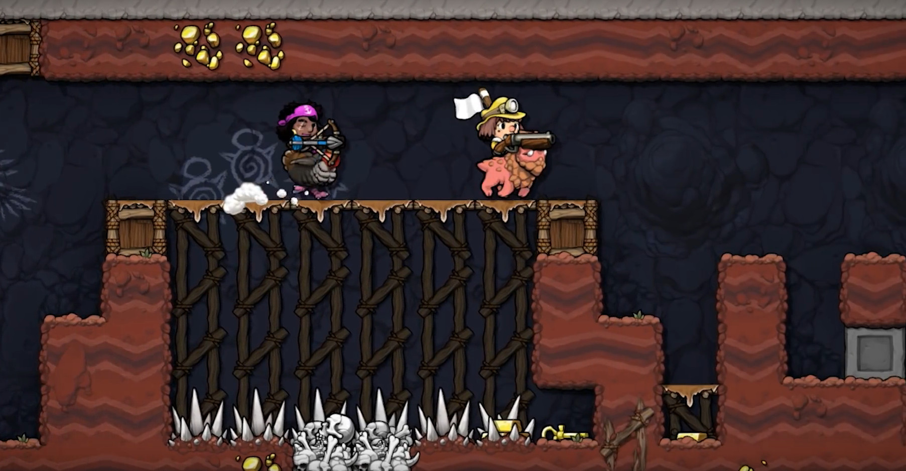 In Spelunky 2 two players ride steeds across platforms above an area covered in spikes. In Spelunky 2 two players ride steeds across platforms above an area covered in spikes.