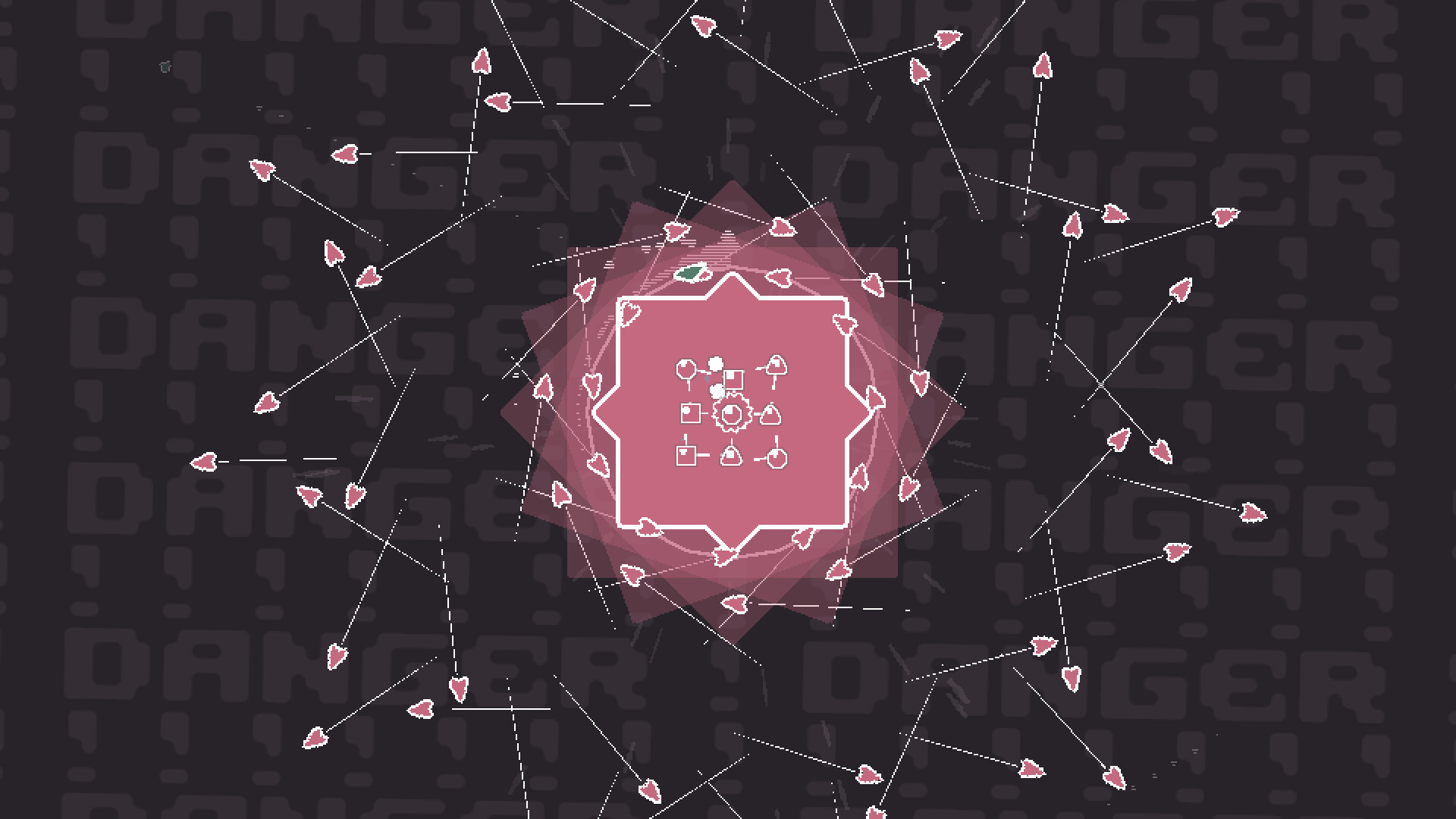 A top-down look at One Btn Bosses. There’s a pink circle in the middle surrounded by other shapes. A top-down look at One Btn Bosses. There’s a pink circle in the middle surrounded by other shapes.