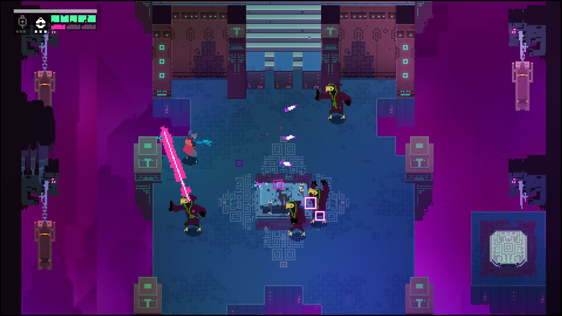 A screenshot from Hyper Light Drifter, depicting the player’s character fighting against a group of bird-like creatures. A screenshot from Hyper Light Drifter, depicting the player’s character fighting against a group of bird-like creatures.