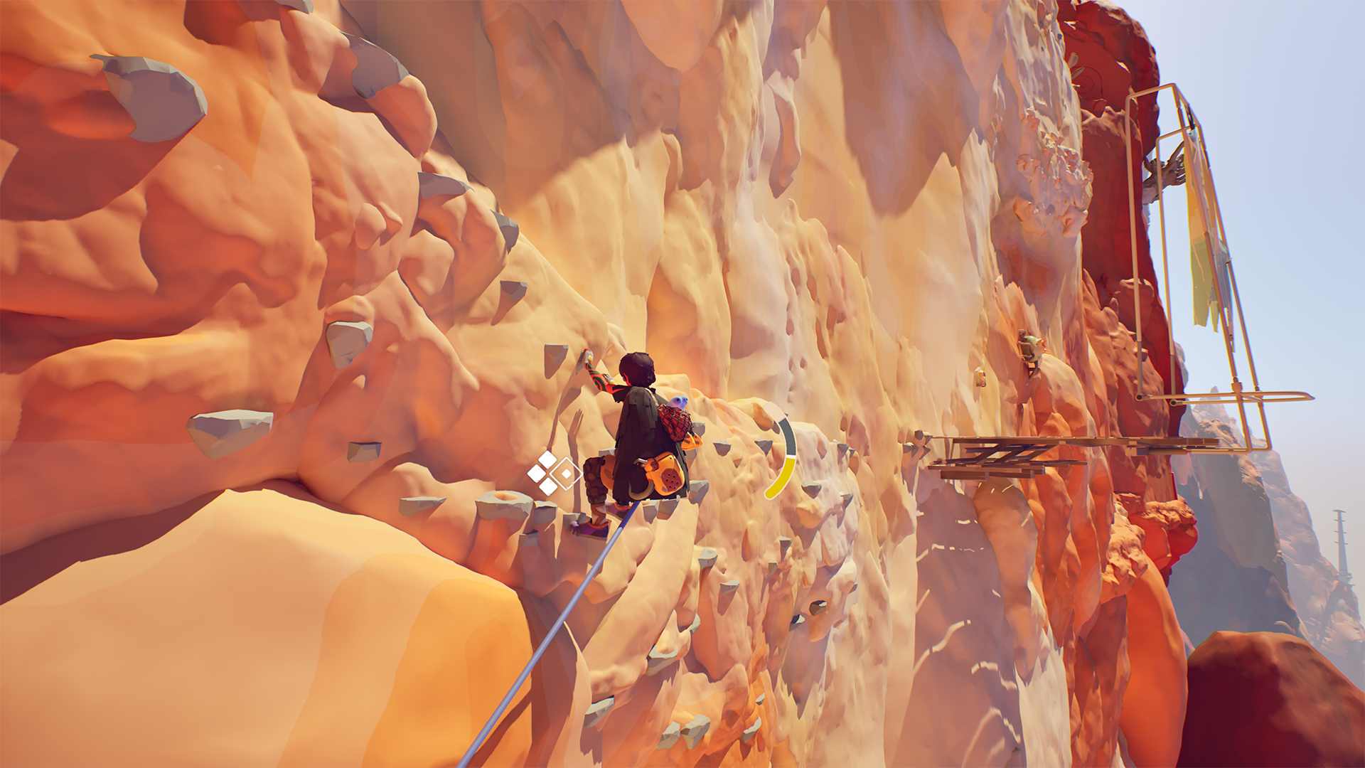 A climbing character works their way across a sheer cliff bathed in sunlight, with handholds visible in the foreground and platform structures further away. in Jusant A climbing character works their way across a sheer cliff bathed in sunlight, with handholds visible in the foreground and platform structures further away. in Jusant