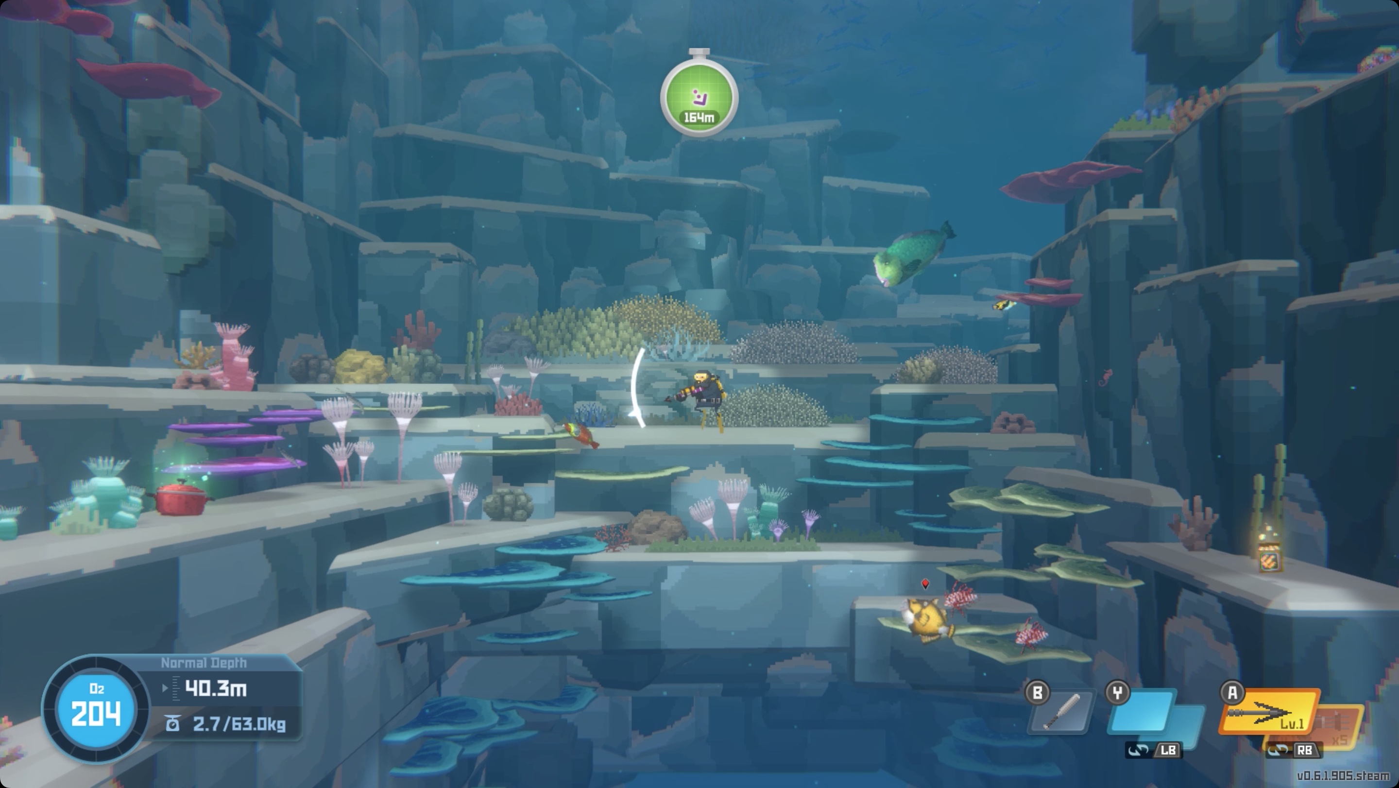 Dave the Diver underwater aiming his spearfishing harpoon at a tropical fish. Dave the Diver underwater aiming his spearfishing harpoon at a tropical fish.