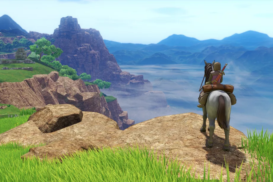 A player character mounted on a horse overlooking a cliffside vista in Dragon Quest 11. A player character mounted on a horse overlooking a cliffside vista in Dragon Quest 11.