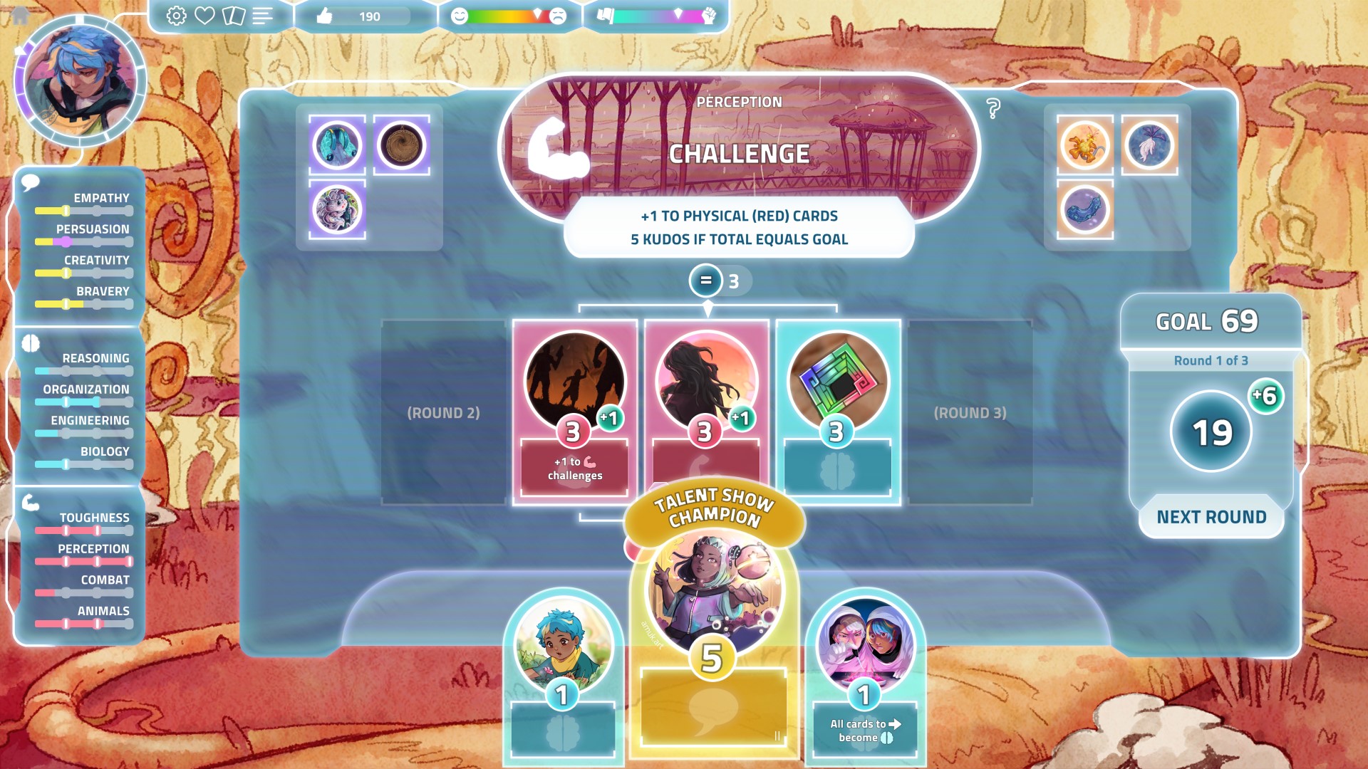 A card game with a hand made of cards in yellow, blue, and red from the video game I Was a Teenage Exocolonist. The highlighted card is labelled “talent show champion.” A card game with a hand made of cards in yellow, blue, and red from the video game I Was a Teenage Exocolonist. The highlighted card is labelled “talent show champion.”