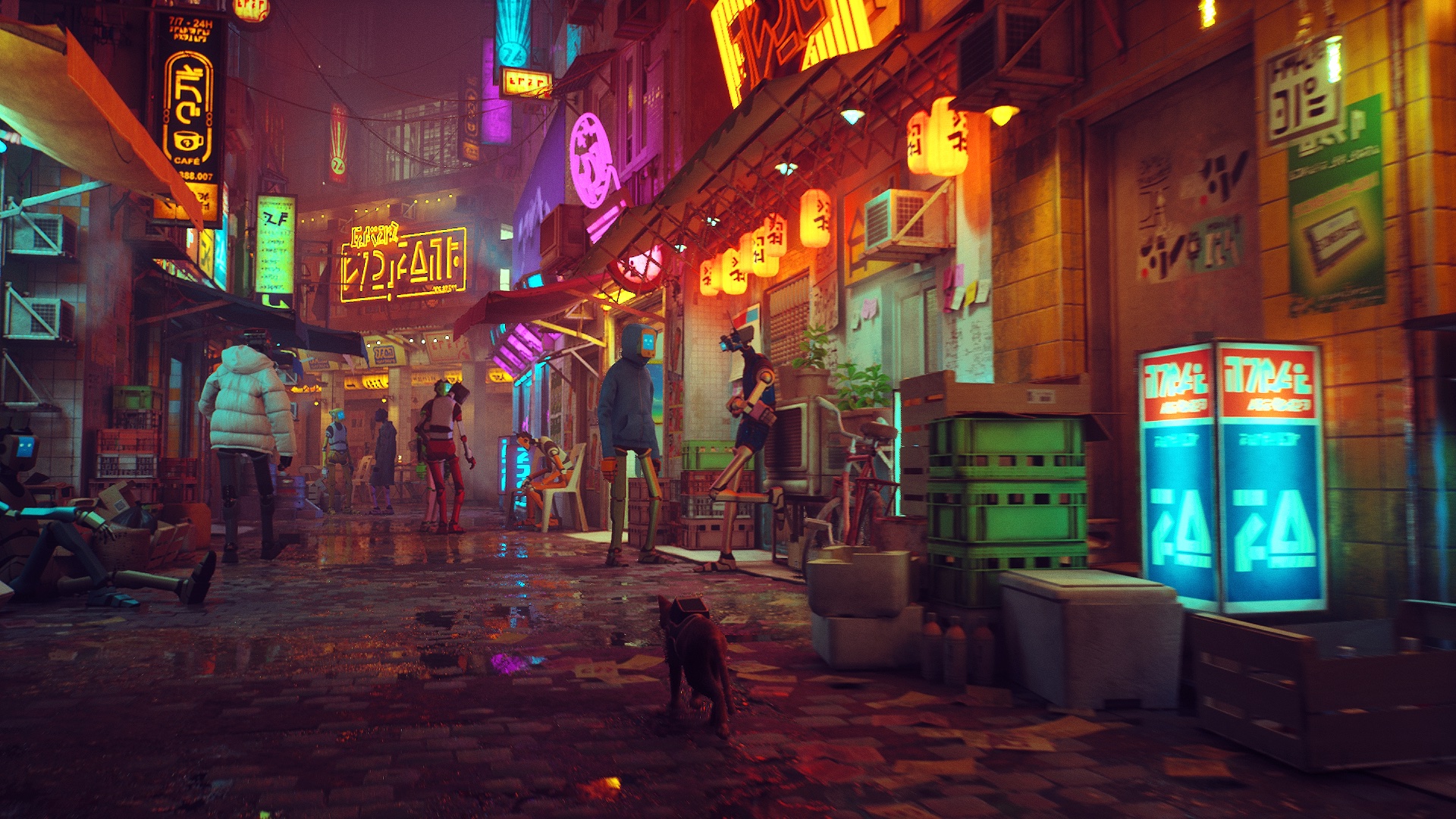 A cat walks the wet, neon-lit streets of a walled cybercity in Stray. A cat walks the wet, neon-lit streets of a walled cybercity in Stray.
