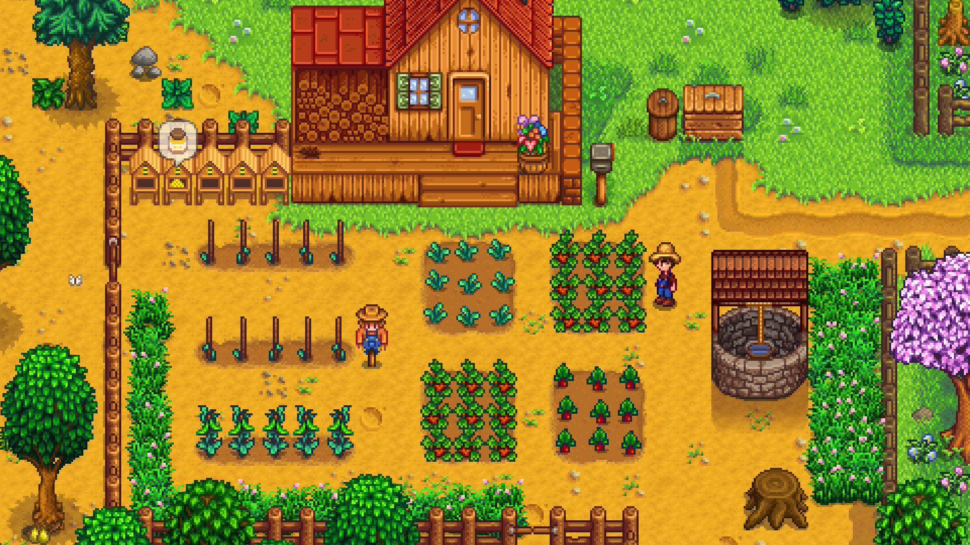 A screenshot of Stardew Valley: an overhead view of a player’s farm, with rows and patches of crops next to a farmhouse, all rendered in a low-resolution style. A screenshot of Stardew Valley: an overhead view of a player’s farm, with rows and patches of crops next to a farmhouse, all rendered in a low-resolution style.