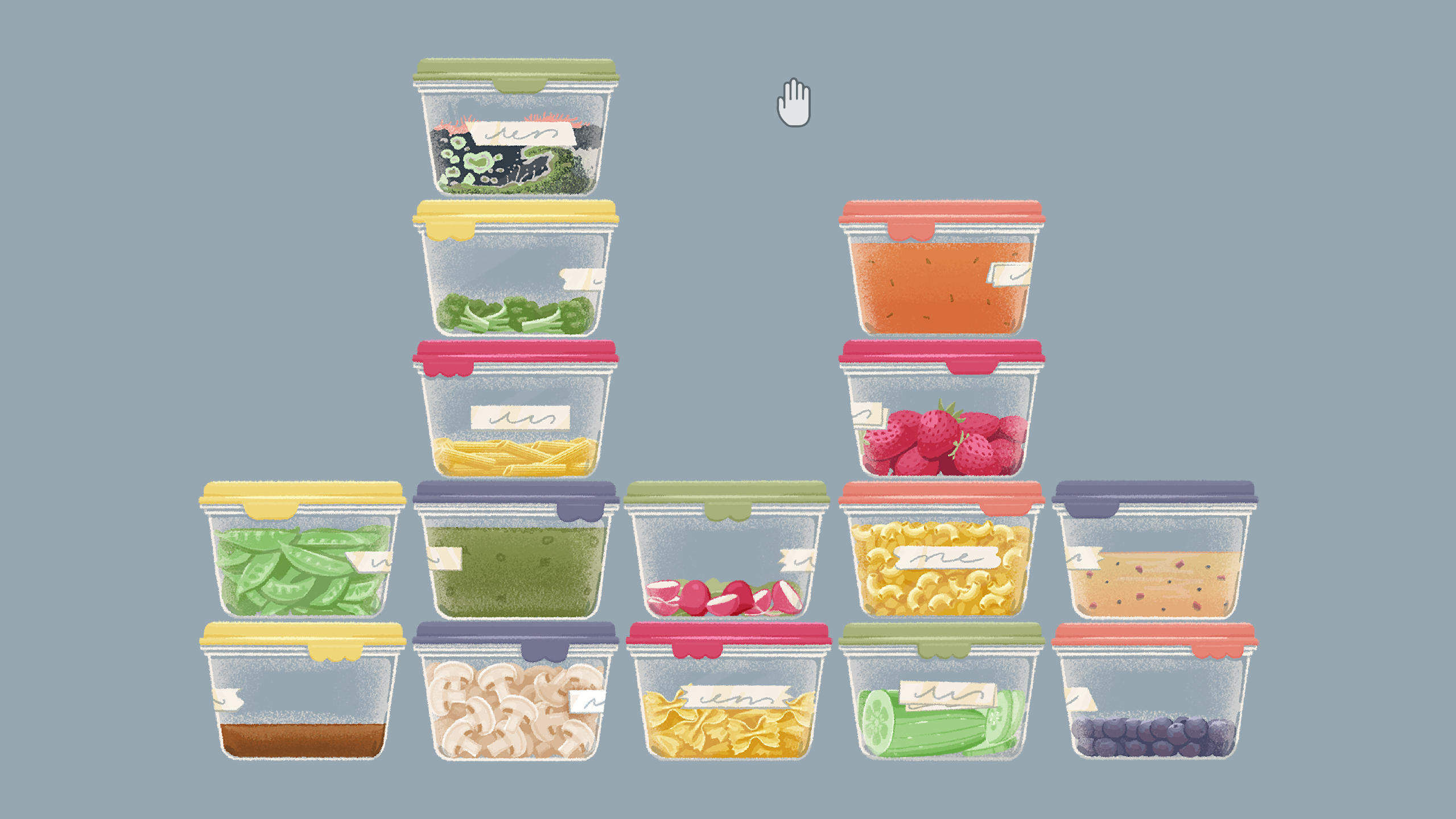 A level of A Little to the Left shows several food containers with different contents, lids, and labels. A level of A Little to the Left shows several food containers with different contents, lids, and labels.