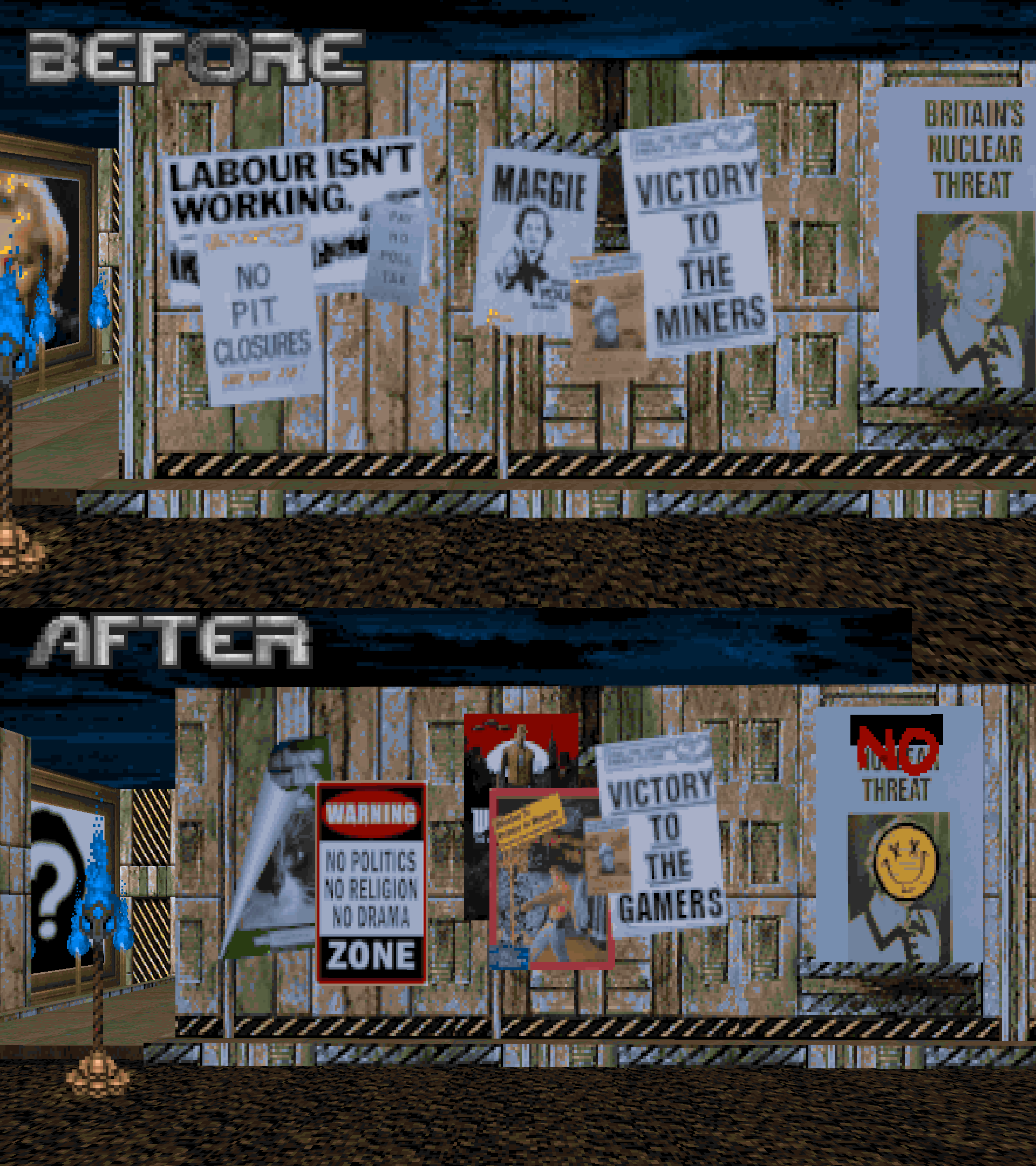 Several screenshots of a Doom Mod, in which Thatcher's political presence has been scrubbed clean.