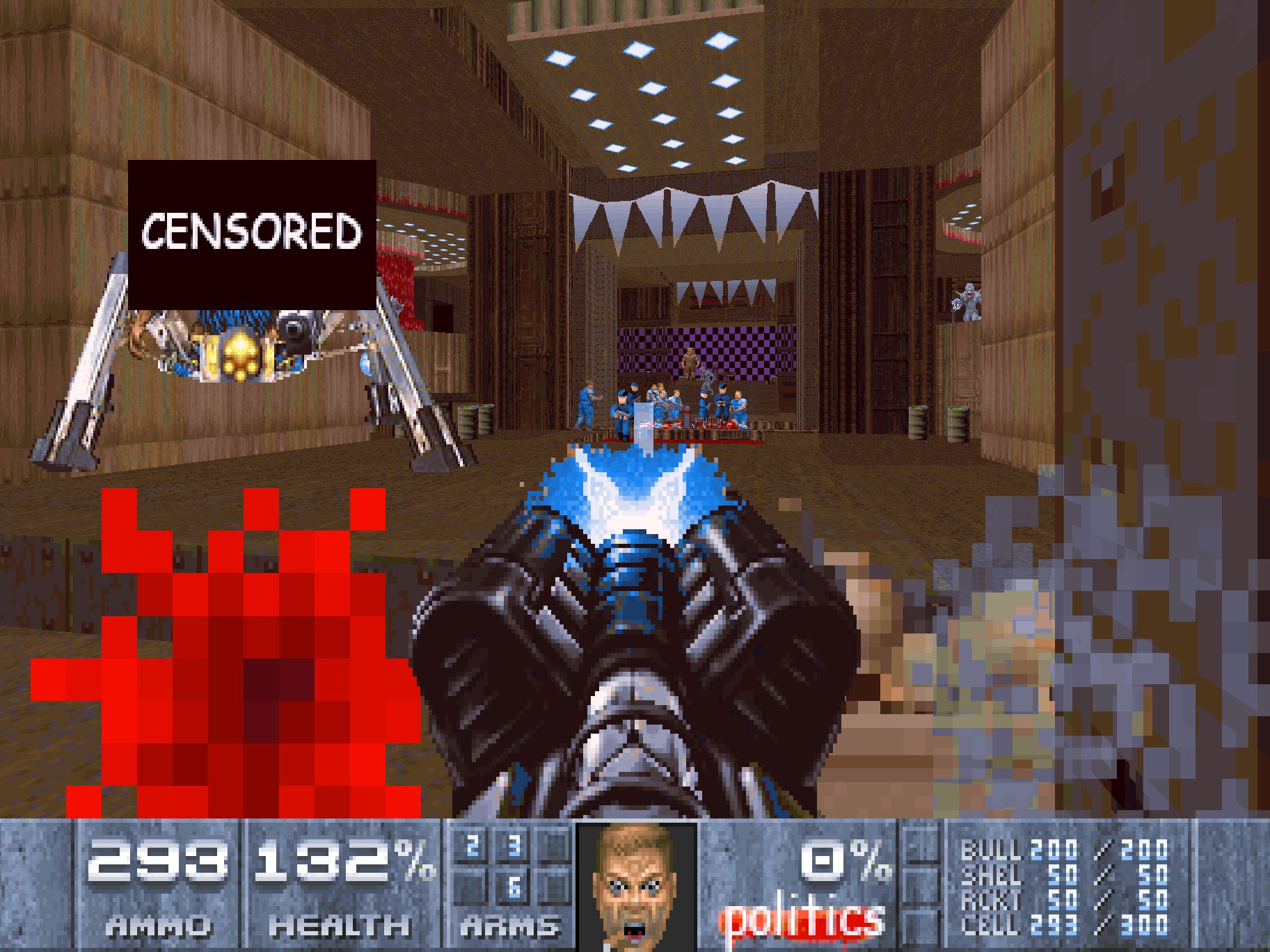 Several screenshots of a Doom Mod, in which Thatcher's political presence has been scrubbed clean.