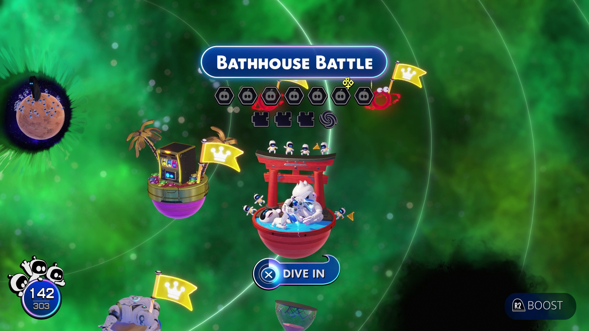 Astro Bot hovers over the Bathhouse Battle level