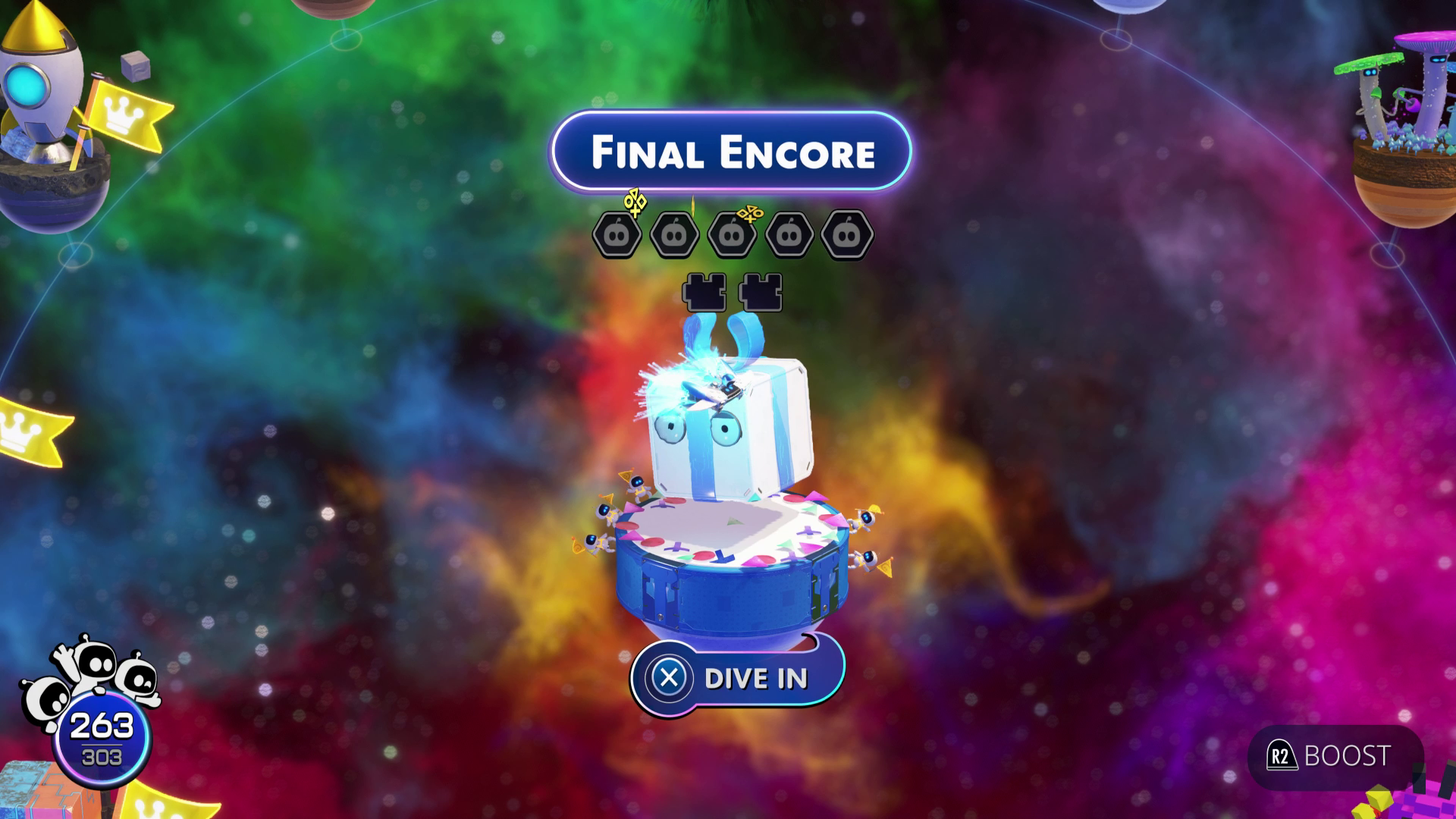 Astro Bot hovers over the Final Encore level