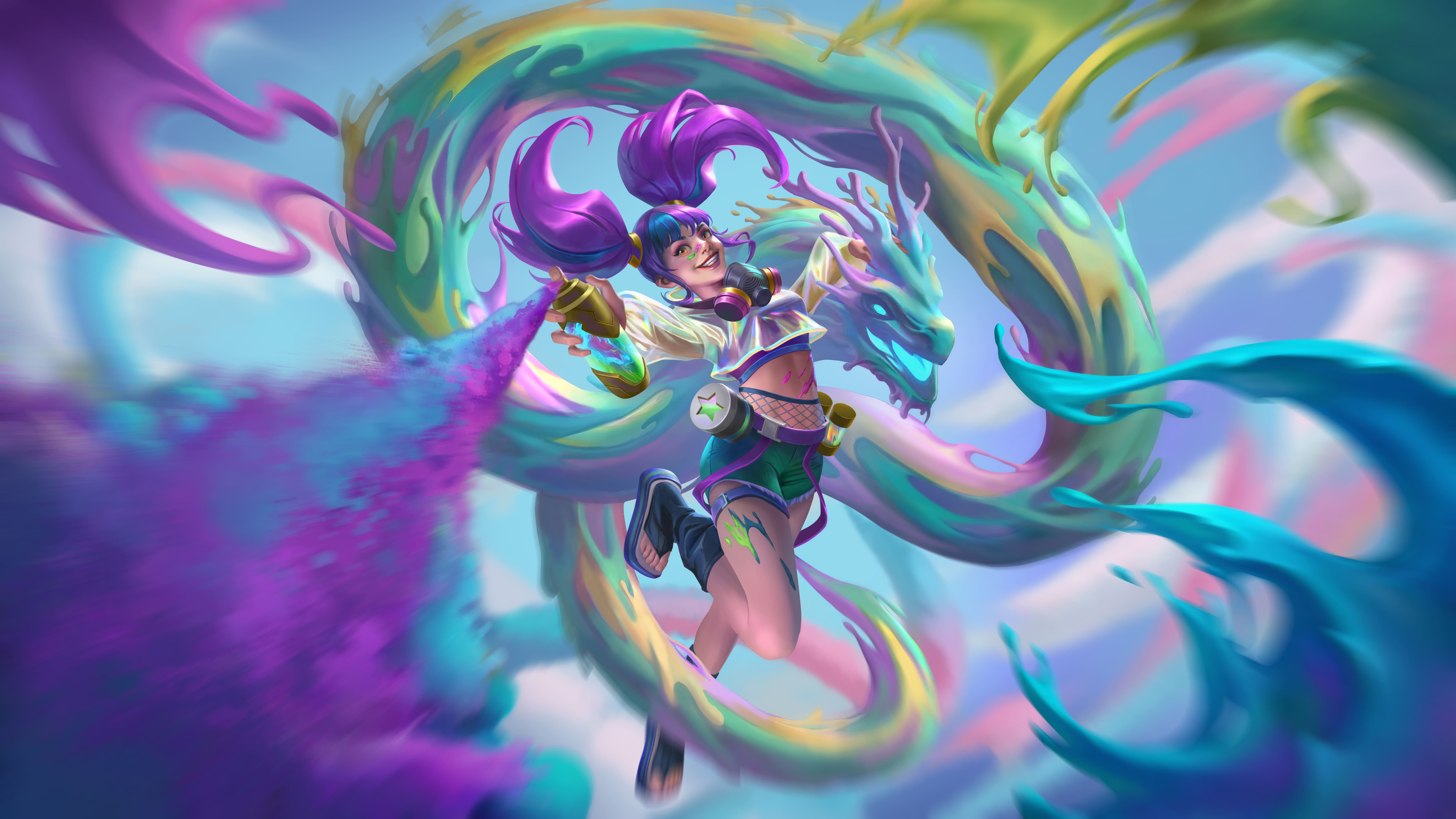 A hero and her companion. The rainbow-colored dragon snakes through the air, while the purple-haired hero lets loose with some spraypaint.