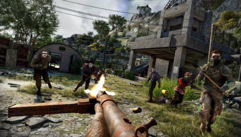 An Atomfall screenshot shows a character firing a gun in first-person while masked enemies charge towards them while holding a variety of weapons.