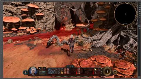 BG3 gameplay of modded Hell area including mushrooms, river of blood, and rusty sand