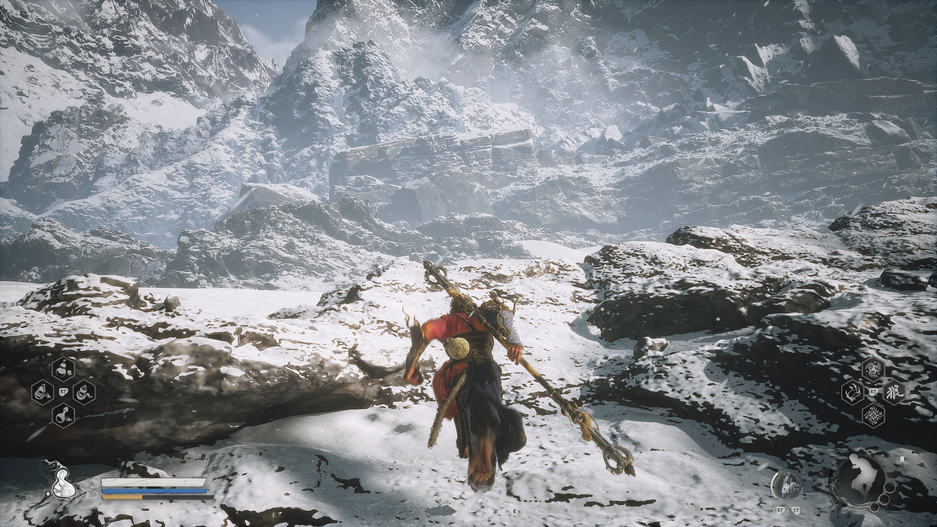 Wukong running into an invisible wall on a snowy mountain in Black Myth: Wukong.