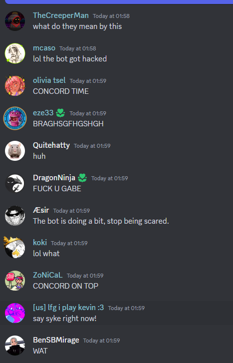 A series of screenshots from the Deadlock Discord server expressing panic over the fake shutdown of the game.