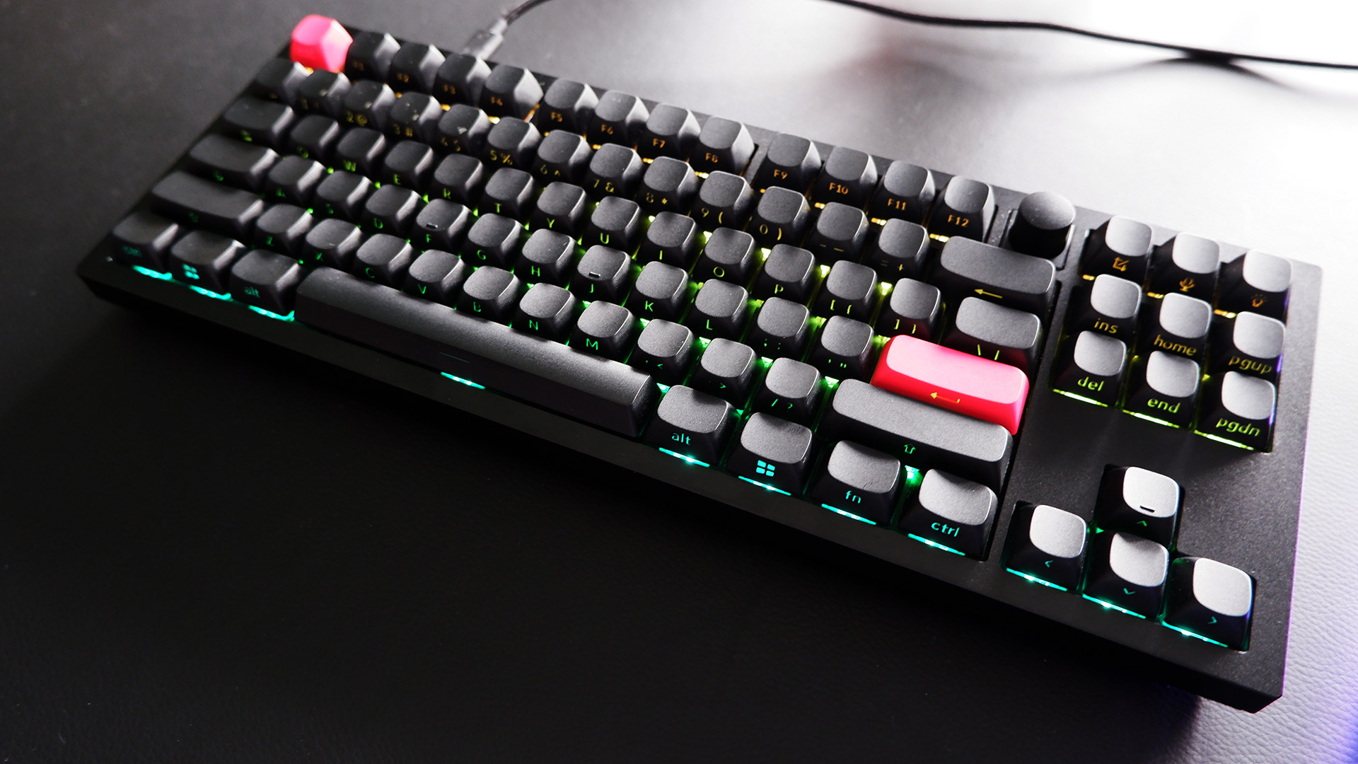 Keychron Q3 Max gaming keyboard with RGB enabled on a desktop.