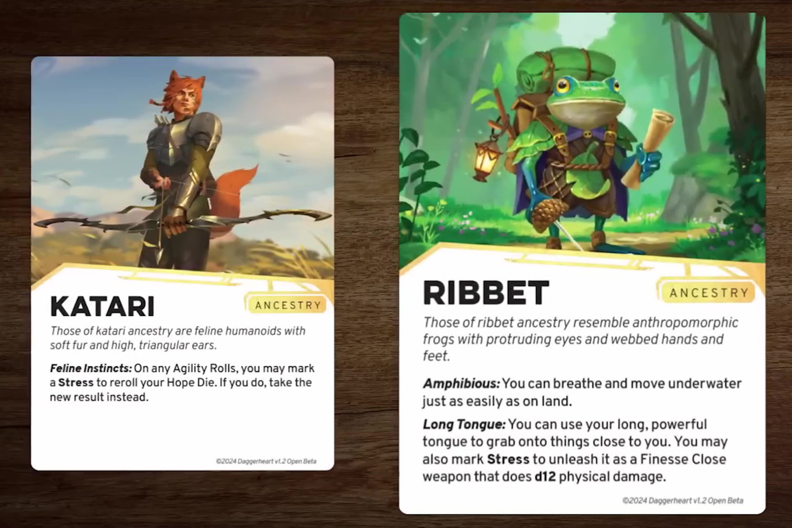 A katari and a ribbet, a cat-person and a frog-person, as depicted in Daggerheart. They’re shown here on two cards, which is a gimmick used in character creation.